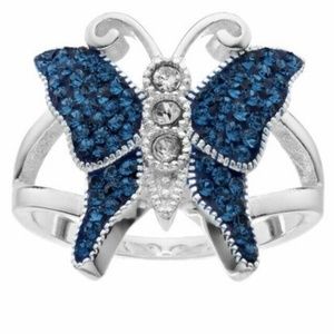 Silver Plated Blue Crystal Butterfly Ring Size 9